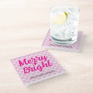 Dessous-de-verre En Verre Tartan rose Noël Joyeux nom de famille