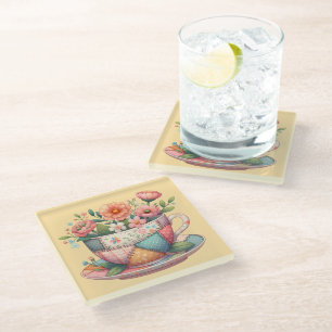 Dessous-de-verre En Verre Tasse patchwork avec fleurs fantaisistes