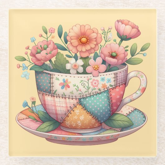 Dessous-de-verre En Verre Teacup Patchwork avec Fleurs Whimsical (Devant)