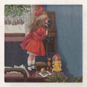 Dessous-de-verre En Verre Téléphone Antique de Petite Fille de Noël