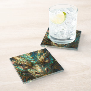 Dessous-de-verre En Verre Tête de dragon turquoise et or