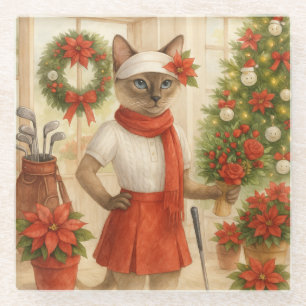Dessous-de-verre En Verre Thème de Noël de golf pour femme au chat Golfer