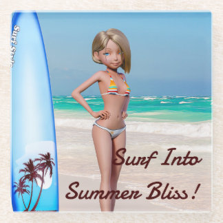 Dessous-de-verre En Verre Toon Surfer Girl Posing sur le bord de mer