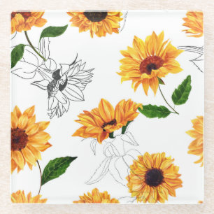 Dessous-de-verre En Verre Tournesols dessinés à la main : motif jaune vif.