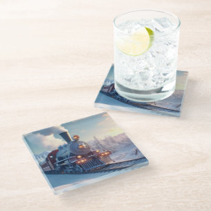 Dessous-de-verre En Verre Train à vapeur vintage Paysage hivernal Montagne d