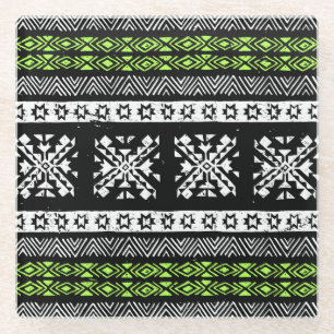 Dessous-de-verre En Verre Tribal Navajo, motif noir blanc vert.