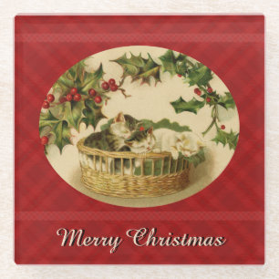 Dessous-de-verre En Verre Trois chatons dans un panier sous-verre