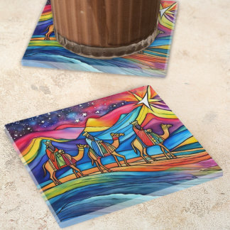 Dessous-de-verre En Verre Trois Sages Hommes Coloré Noël Fête