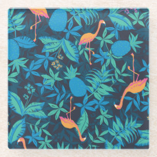 Dessous-de-verre En Verre Tropical Artistique : Motif Flamant rose ananas.