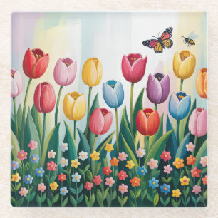 Dessous-de-verre En Verre Tulipes et papillons de printemps Floral coloré