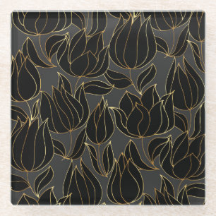 Dessous-de-verre En Verre Tulipes Or Noir : Motif Floral de Luxe