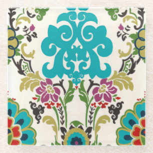 Dessous-de-verre En Verre Turquoise florale de prune de motifs de damassé