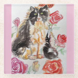 Dessous-de-verre En Verre Tuxedo Chat Cute Rose Fleurs Chats Aquarelle Rose