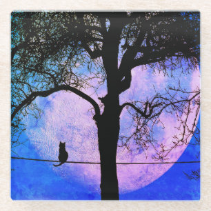 Dessous-de-verre En Verre Un chat noir sur une Pleine lune de fil