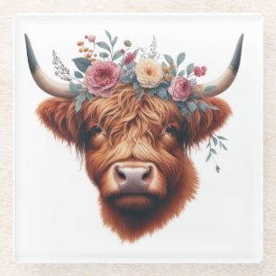 Dessous-de-verre En Verre Vache des hautes terres mignonne, florale/printani