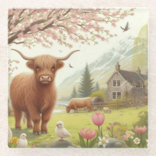 Dessous-de-verre En Verre Vache des hautes terres mignonne, florale/printani