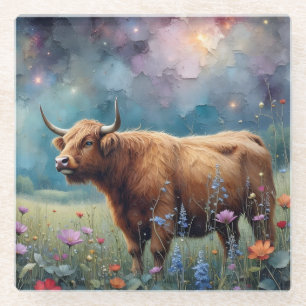 Dessous-de-verre En Verre Vache des Highlands dans une tapisserie florale co