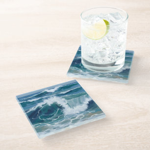 Dessous-de-verre En Verre Vagues de l'océan déferlantes Aquarelle bleue cô