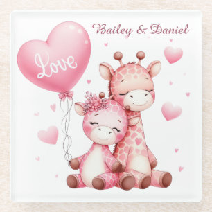 Dessous-de-verre En Verre Valentines Jour de belles Giraffes tenant un ballo