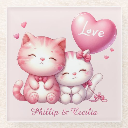 Dessous-de-verre En Verre Valentines Jour mignonne Couple de Kitty Chat Aime (Devant)