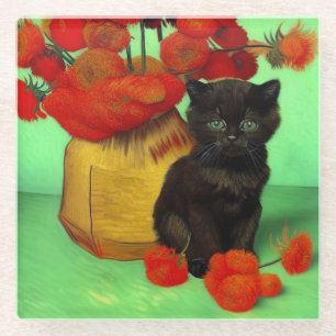 Dessous-de-verre En Verre Van Gogh Black Kitten Fleurs rouges