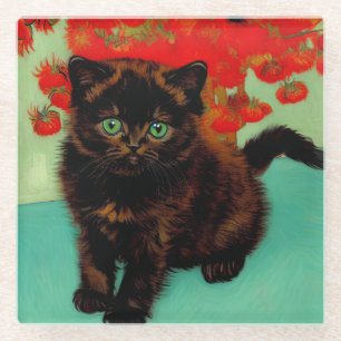 Dessous-de-verre En Verre Van Gogh Chat noir Fleurs rouges