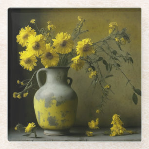 Dessous-de-verre En Verre Vase antique de fleurs jaunes