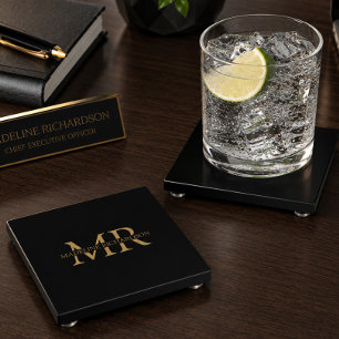 Dessous-de-verre En Verre Verre exécutif personnalisé avec monogramme en or