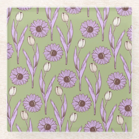 Dessous-de-verre En Verre Vert violet rétro Y2K Funky Hippie Flower Motif (Devant)