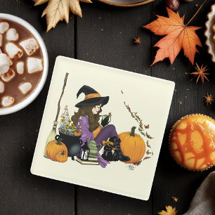 Dessous-de-verre En Verre Vibes de sorcière cosy Halloween Citrouille violet