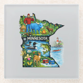 Dessous-de-verre En Verre Vibrant Minnesota State Map-Paul Bunyan/Northwoods