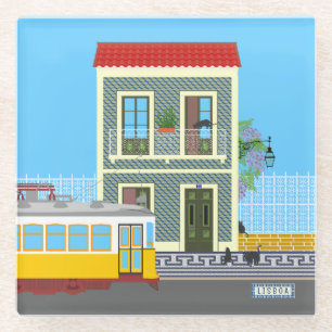 Dessous-de-verre En Verre Vieille maison de Lisbonne avec chats et tramway j