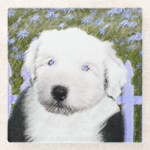 Dessous-de-verre En Verre Vieux anglais Sheepdog Puppy Peinture - Chien Art