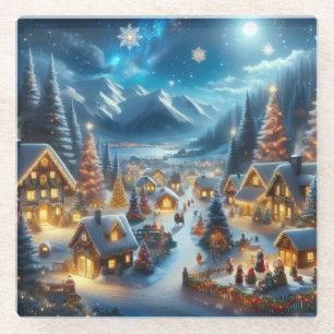 Dessous-de-verre En Verre Village de Noël magique sous la neige et la lumièr
