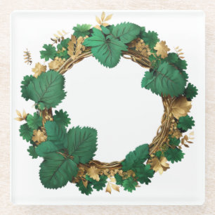 DESSOUS-DE-VERRE EN VERRE VIN ET FEUILLE VERT & OR ORNAMENTAL IRLANDAIS