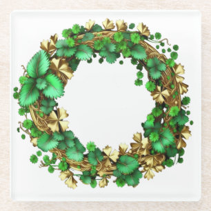 DESSOUS-DE-VERRE EN VERRE VIN ET FEUILLE VERT & OR ORNAMENTAL IRLANDAIS