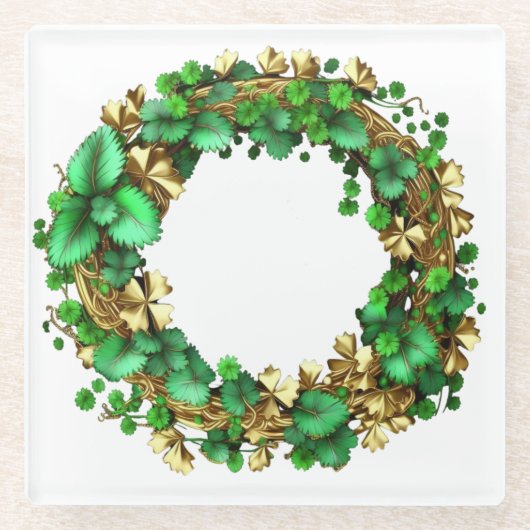 DESSOUS-DE-VERRE EN VERRE VIN ET FEUILLE VERT & OR ORNAMENTAL IRLANDAIS (Devant)