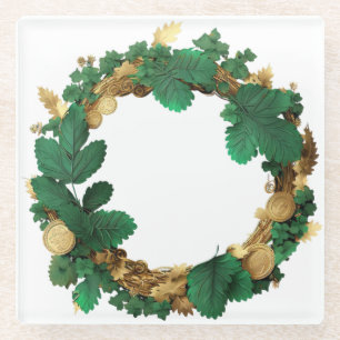 DESSOUS-DE-VERRE EN VERRE VIN ET FEUILLE VERT & OR ORNAMENTAL IRLANDAIS