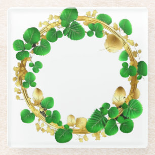 DESSOUS-DE-VERRE EN VERRE VIN ET FEUILLE VERT & OR ORNAMENTAL IRLANDAIS