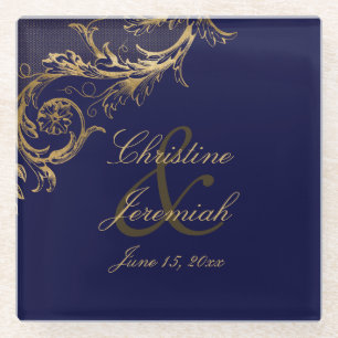 Dessous-de-verre En Verre Vintage Blue Gold Floral Damask Script Mariage