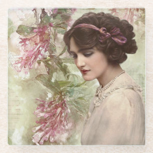 Dessous-de-verre En Verre Vintage Lady Élégant rose Floral