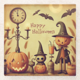 Dessous-de-verre En Verre Vintage, lunatique Halloween citrouilles & chauves