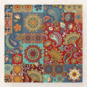 Dessous-de-verre En Verre Vintage Paisley Mandala Patchwork coloré