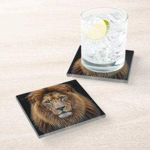 Dessous-de-verre En Verre Visage de lion majestueux aux yeux bleus Faune A