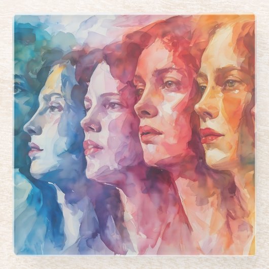 Dessous-de-verre En Verre Visages des femmes - Peinture aquarelle (Devant)