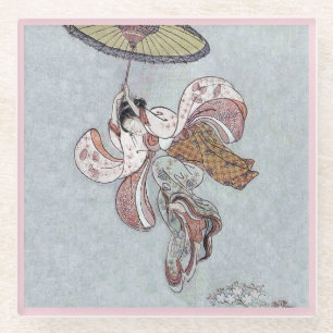 Dessous-de-verre En Verre Vol japonais de fille avec le parapluie