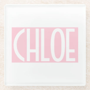 Dessous-de-verre En Verre Votre nom   Texte blanc gras sur rose clair