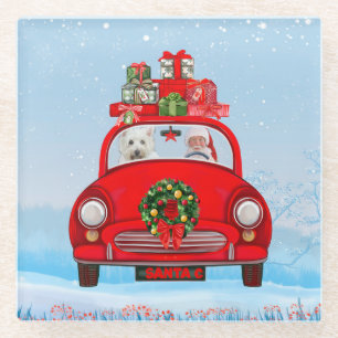 Dessous-de-verre En Verre West Highland White Terrier Chien avec le Père Noë