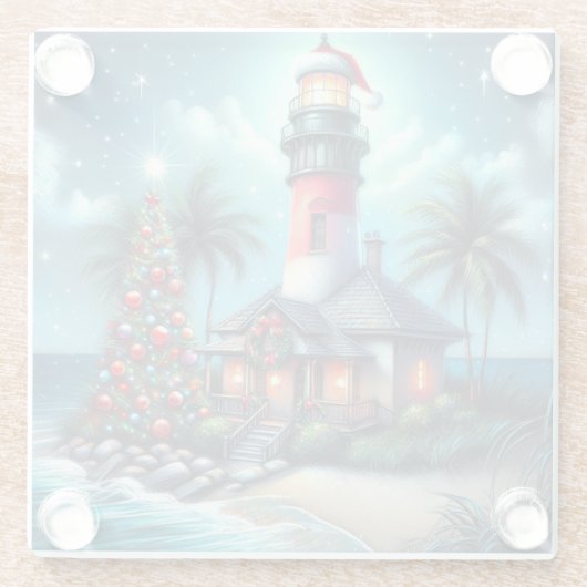 Dessous-de-verre En Verre Whimsical Tropical Christmas Lighthouse Turquoise (Dos)