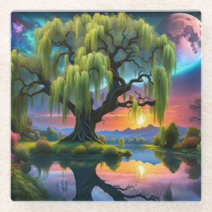 Dessous-de-verre En Verre Willow tree under Pleine lune N Starry ciel Sunset